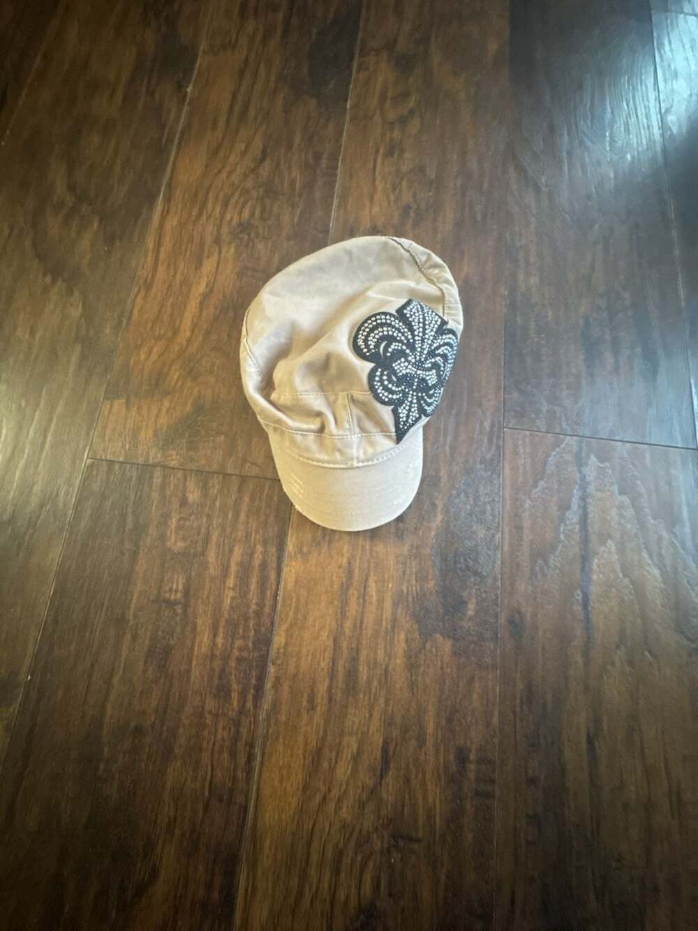 Dream Control Distressed Cadet Army Style Cap with Rhinestone Fleur-de-lis